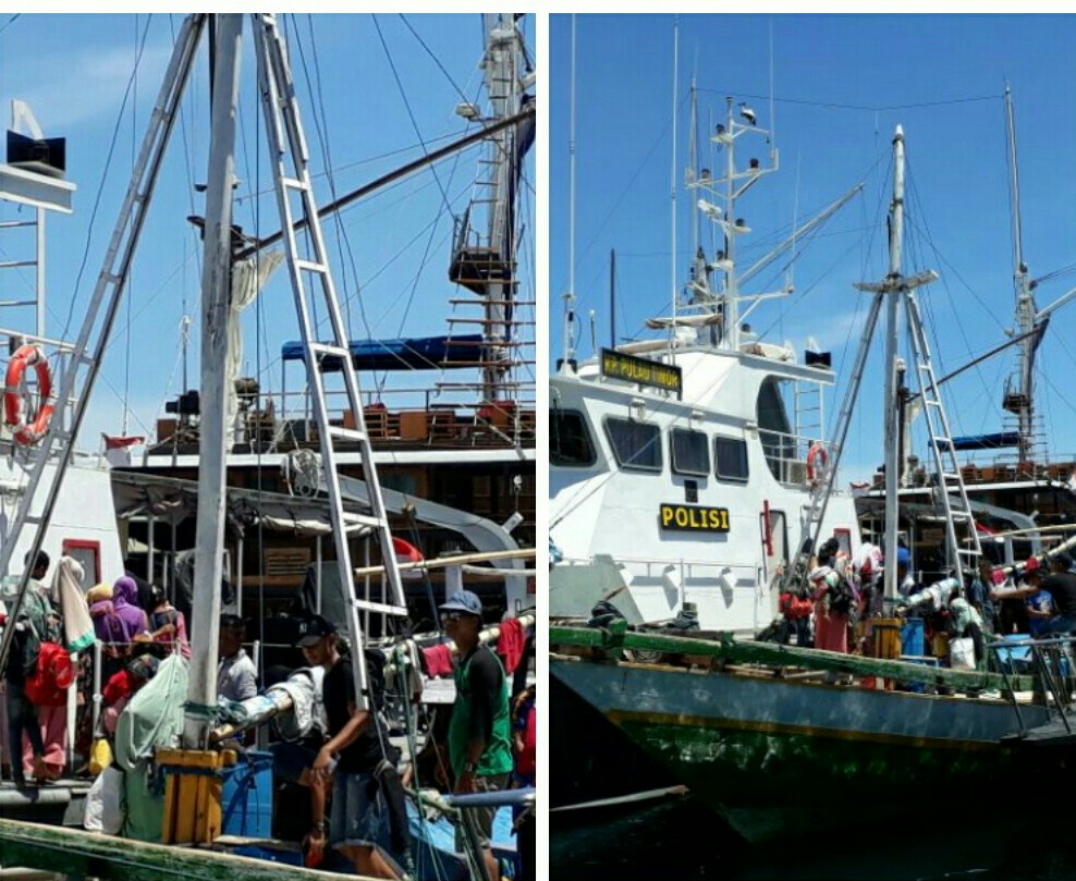 Anggota Polairud , Kp3 Laut Polres Mabar bersama Team SAR Labuan Bajo Evakuasi Penumpang Kapal Lokal yang Macet